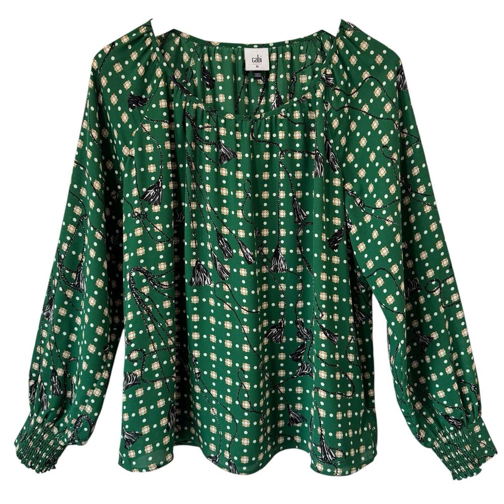 Cabi Womens Voyage Blouse Green Size Medium Flawed Ornate Tassel Print #4535 GUC